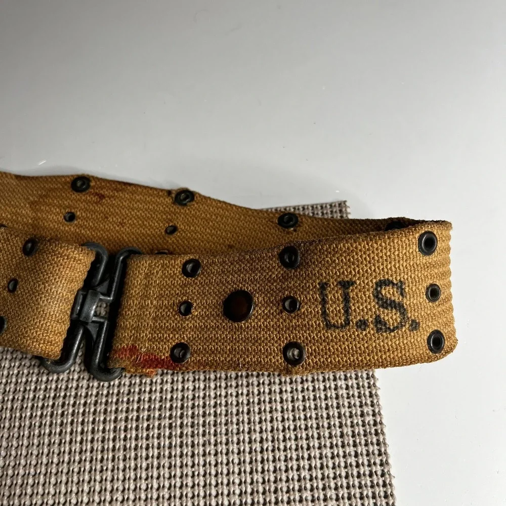 Vintage US Military Khaki Canvas Pistol Belt Web Gear US Stencil T-Buckle